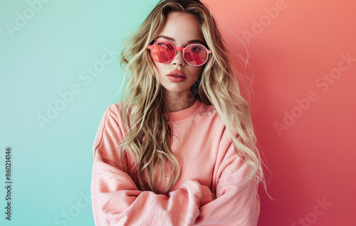 an attractive blonde woman in her mid-20s wearing pink sunglasses and oversized sweatshirt, posing for the camera against a pastel background. © Kien