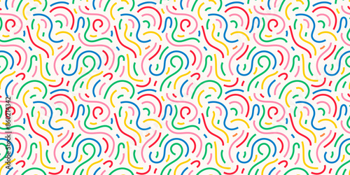 Fun colorful line doodle seamless pattern. Creative minimalist style art background for children or trendy design with basic shapes. Simple childish scribble backdrop. Vector stock background