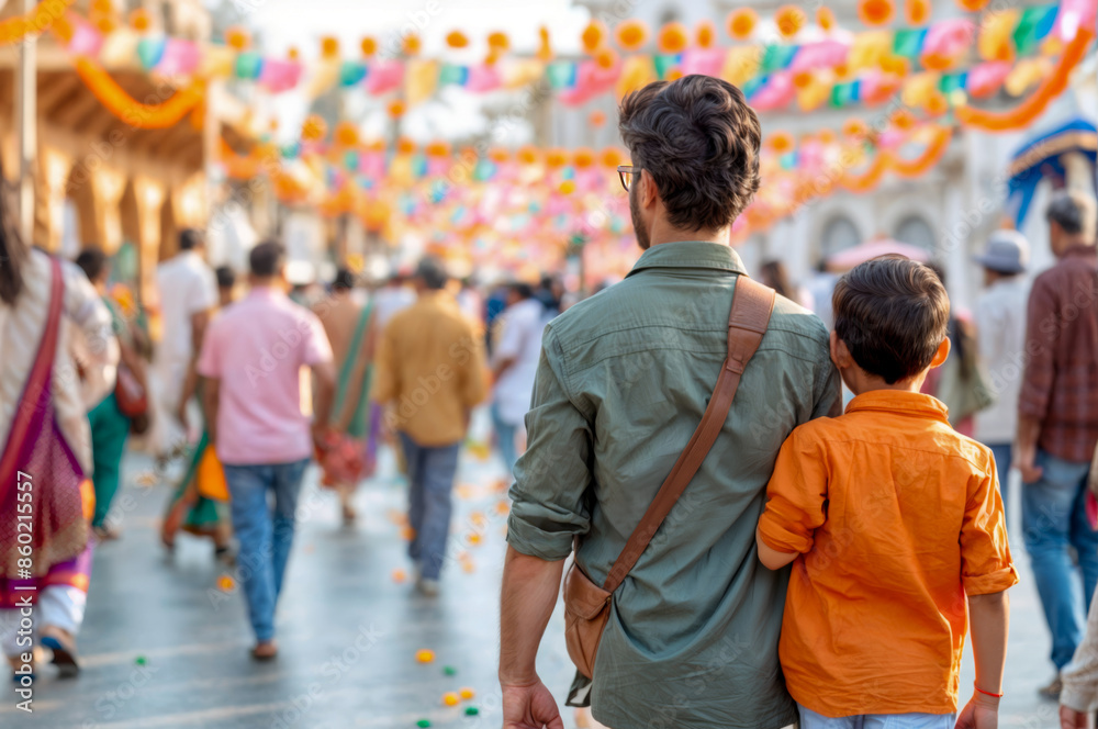 Obraz premium A soulful scene of a man and a child walking together at a colorful festival
