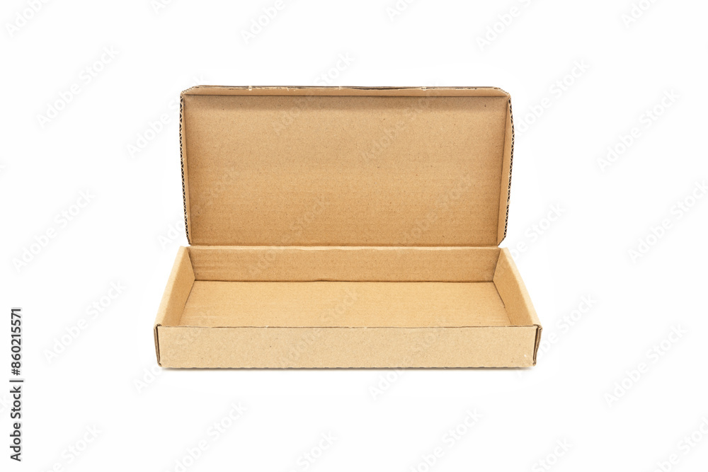 A thin opened kraft paper courier box isolated on white background A thin opened kraft paper courier box isolated on white background
