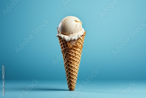 Melon flavored ice cream cone on a vibrant blue background, perfect for a refreshing treat © Paulkot