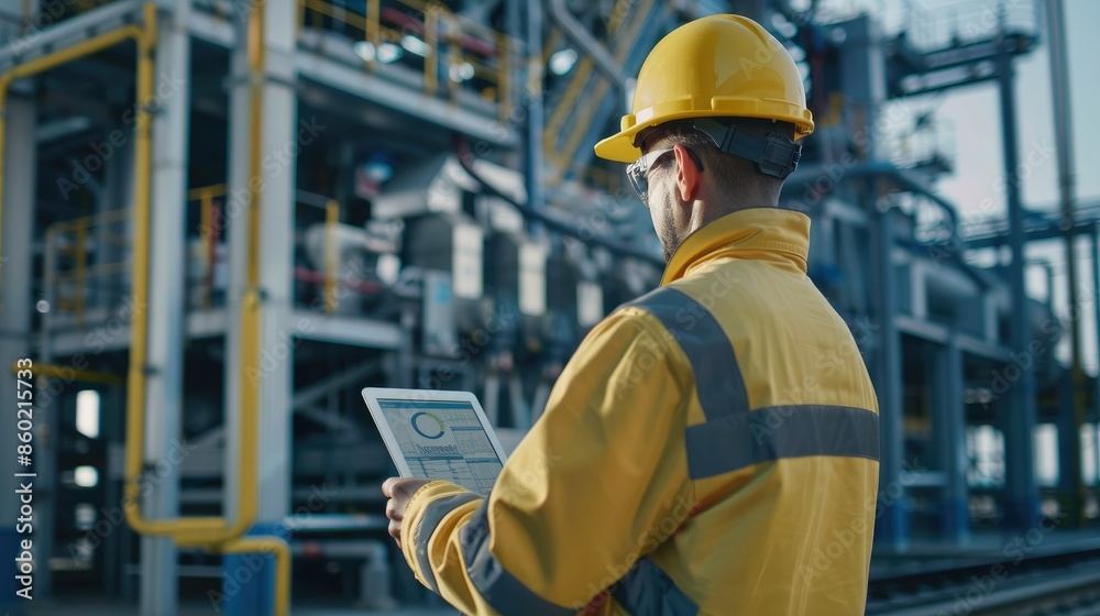 Engineer analyzing grid performance data on a tablet device at a high-tech power station AI generated Engineer analyzing grid performance data on a tablet device at a high-tech power station AI generated