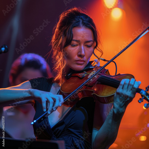 Joven, violinista y bella en pleno espectáculo, la cámara, la enfoca y ella está tocando su instrumento virtuosamente. photo