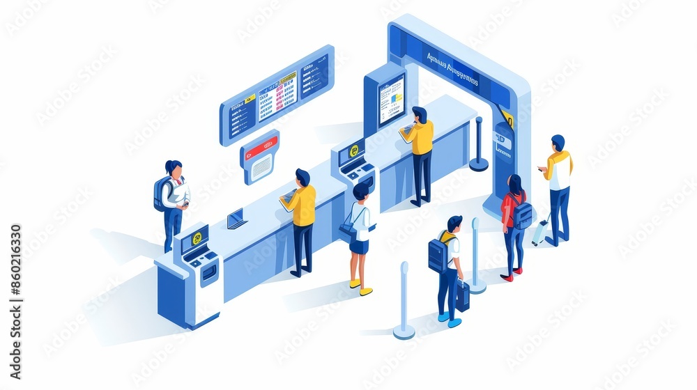A group of people standing in front of a row of airport ticket machines A group of people standing in front of a row of airport ticket machines