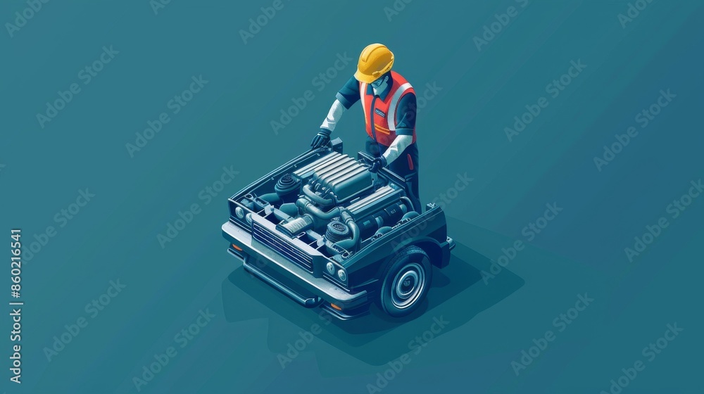 Obraz premium A man in a yellow vest is working on a car engine