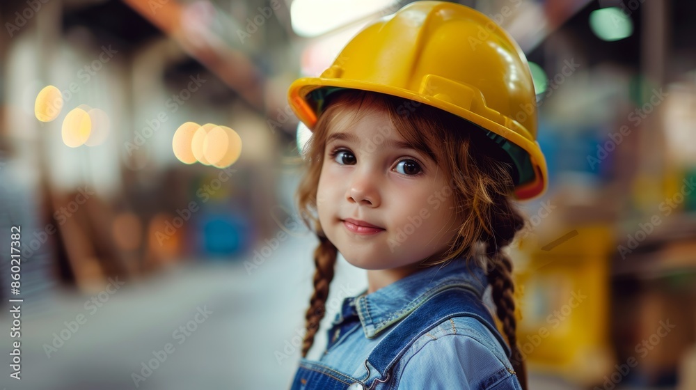 Adorable young girl wearing a construction helmet Adorable young girl wearing a construction helmet