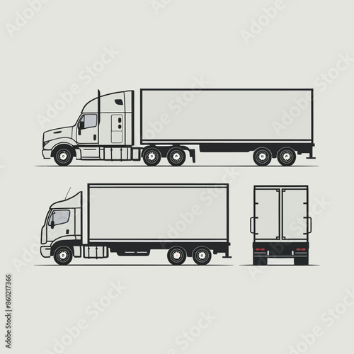 Semi trailer truck vector template with simple colors without gradients and effects. View from side, front, back, and top with white background
