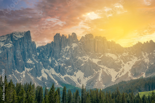 italy dolomites natural park south tyrol region Antorno Carezza Misurina and Braies Lakes Tre Cime mountains clouds sunlight day and sunset photos with colors photo