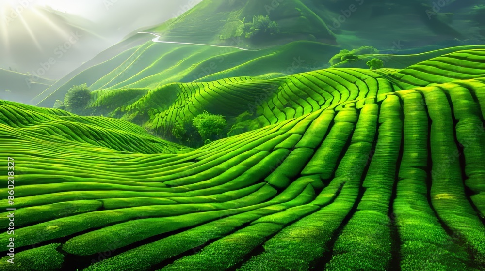 Fototapeta premium Lush Green Tea Plantation Hills With Morning Sunlight in Vietnam