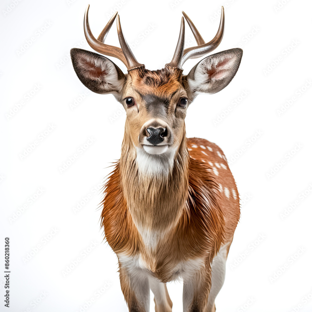 Fototapeta premium Hirsch mit schönem Geweih, freigestellt vor weißem Hintergrund, Generative AI