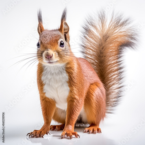 Niedliches Eichhörnchen, freigestellt vor weißem Hintergrund, Generative AI