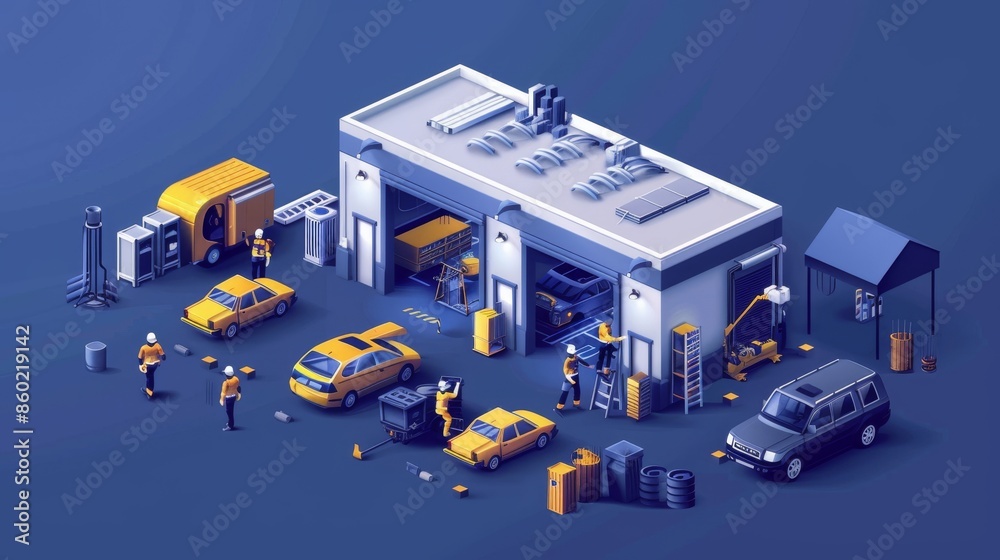 Fototapeta premium A group of people are working on cars in a garage