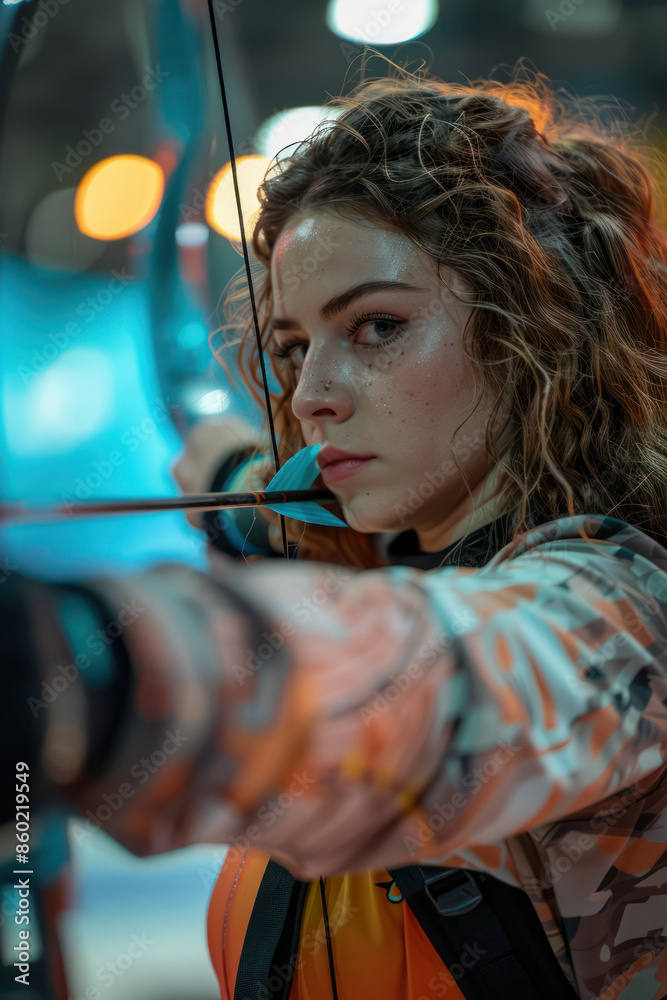 Female Archer Aiming Bow with Intense Focus, Wearing Camouflage Jacket, in Indoor Archery Range, Capturing Precision and Strength in Action Shot for Competitive Sports Enthusiasts and Photographers
