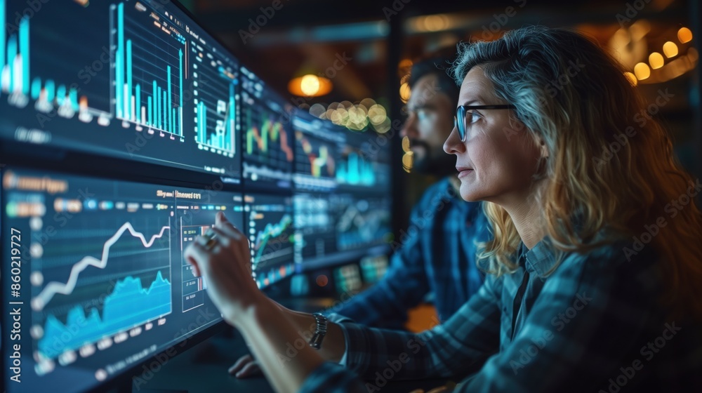 Business Analyst Working on Multiple Screens. Business analyst in glasses works intensely on multiple screens displaying data and graphs in a modern office environment. Business Analyst Working on Multiple Screens. Business analyst in glasses works intensely on multiple screens displaying data and graphs in a modern office environment.