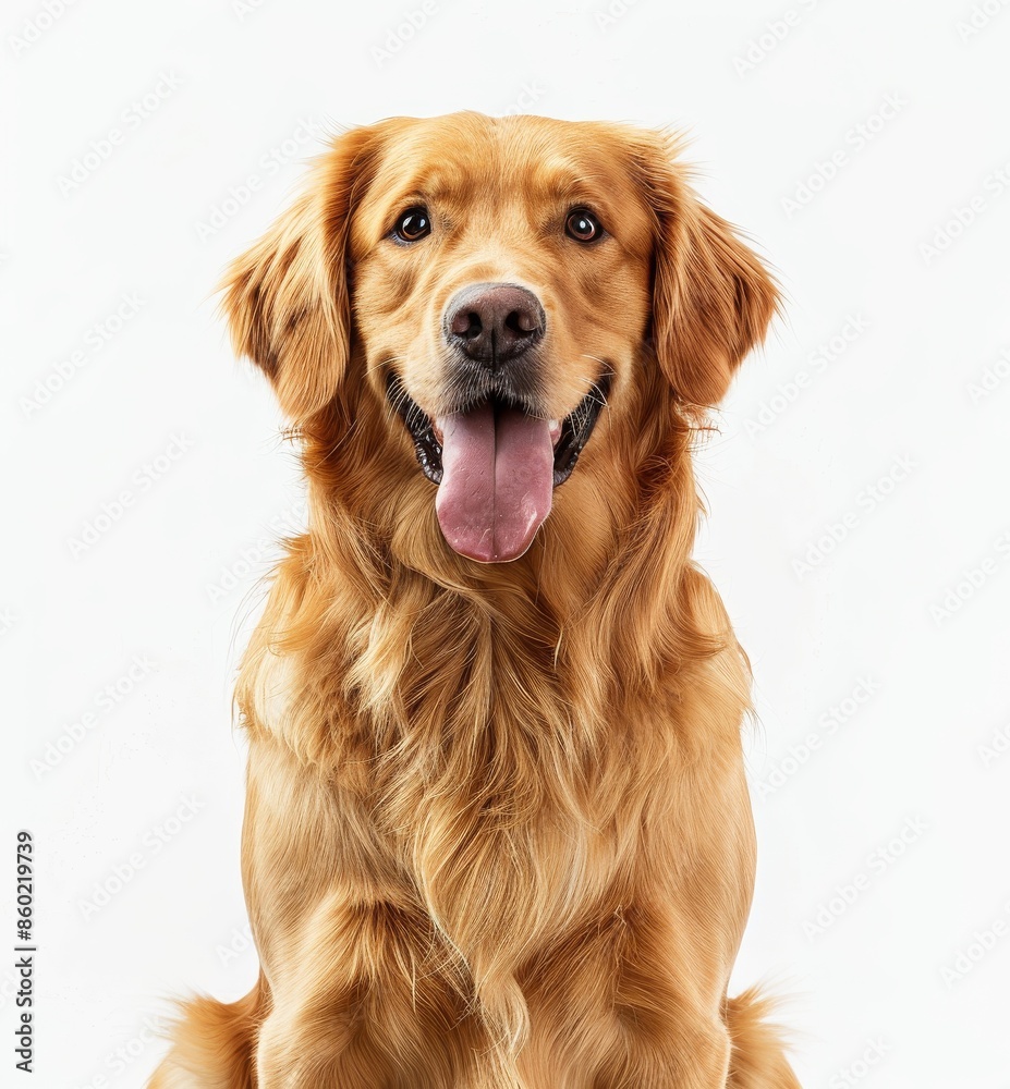 Golden Retriever Dog Sitting With Tongue Out and Happy Expression Against White Background