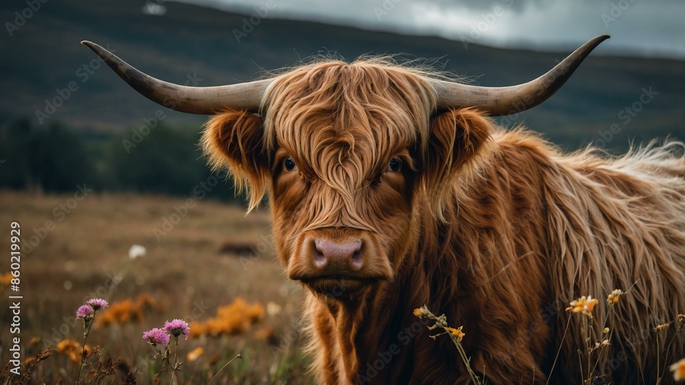 A majestic Highland cow with long shaggy fur standing in a scenic meadow, showcasing the beauty of nature and rural life. Golden flowers in the foreground. A majestic Highland cow with long shaggy fur standing in a scenic meadow, showcasing the beauty of nature and rural life. Golden flowers in the foreground.