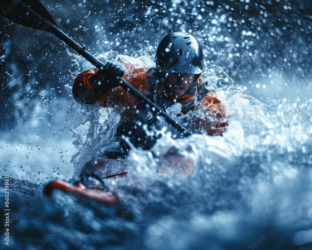 Fototapeta premium Intense Water Sport Adventure Extreme Kayaking in Powerful Rapids Captures Thrilling Action and Adrenaline Pumping Experience for Enthusiastic Outdoor Adventure Lovers and Water Sports Fans