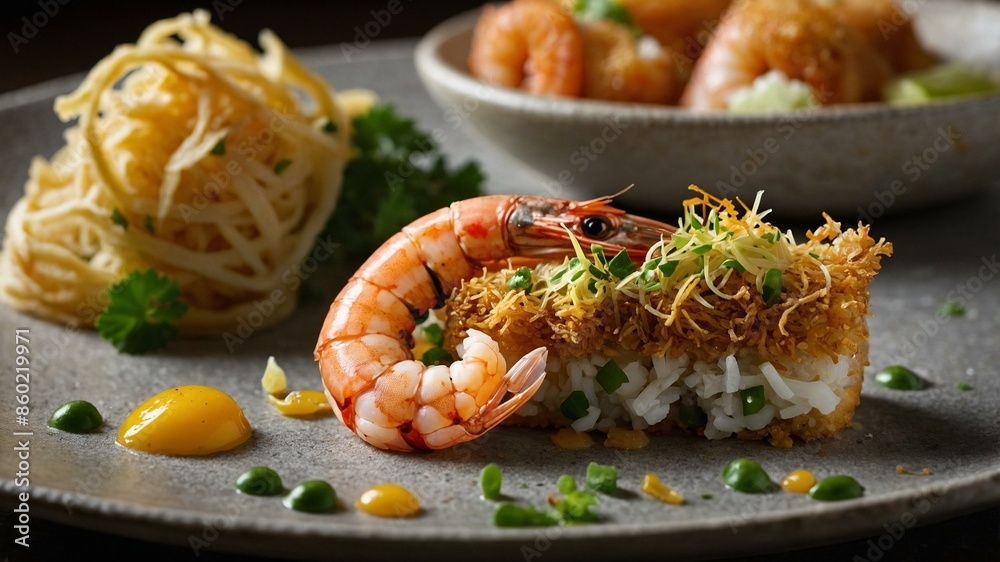 A gourmet shrimp dish featuring rice, herbs, and garnishes artfully plated on a ceramic plate, showcasing culinary creativity and elegance. A gourmet shrimp dish featuring rice, herbs, and garnishes artfully plated on a ceramic plate, showcasing culinary creativity and elegance.
