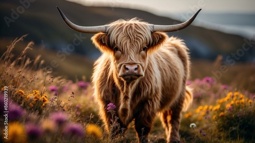 A Highland cow with long, shaggy fur grazes in a picturesque meadow adorned with wildflowers, captured beautifully under the setting sun's warm glow.