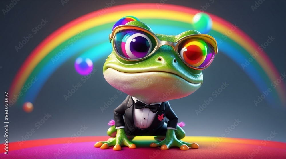 A vibrant, green frog in a suit and glasses, standing on a bright surface with a rainbow and colorful bubbles in the background, exuding positivity. A vibrant, green frog in a suit and glasses, standing on a bright surface with a rainbow and colorful bubbles in the background, exuding positivity.