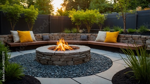 Wallpaper Mural A beautifully designed modern outdoor firepit area surrounded by lush greenery and comfortable seating, perfect for social gatherings and relaxation. Torontodigital.ca