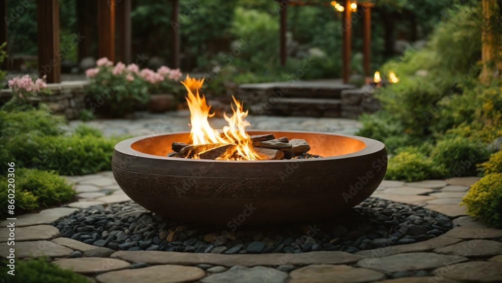 A cozy and inviting rustic fire pit area with lush surrounding plants, perfect for relaxed gatherings in a natural, serene outdoor setting. A cozy and inviting rustic fire pit area with lush surrounding plants, perfect for relaxed gatherings in a natural, serene outdoor setting.