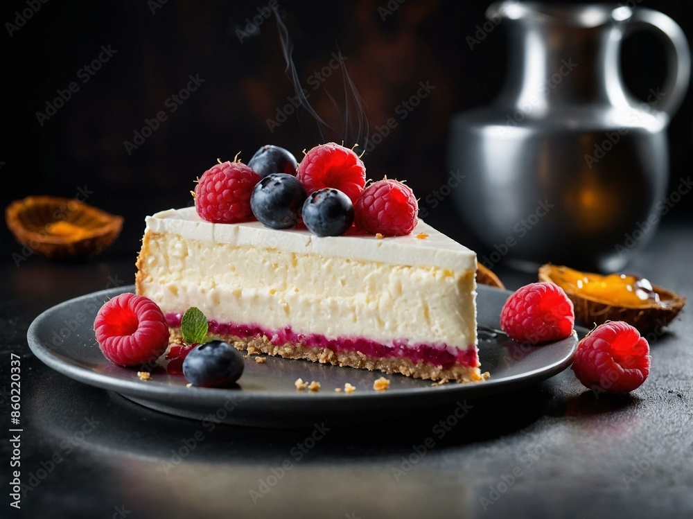 A sumptuous piece of classic cheesecake crowned with fresh raspberries and blueberries, presented on a sleek black plate with a stylish atmosphere. A sumptuous piece of classic cheesecake crowned with fresh raspberries and blueberries, presented on a sleek black plate with a stylish atmosphere.