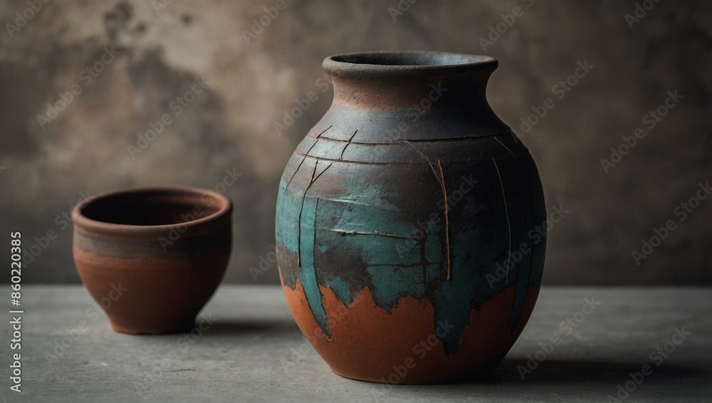 A gloss-finished terracotta and teal ceramic pot is displayed on a plain background, emphasizing its handmade craftsmanship and simple elegance. A gloss-finished terracotta and teal ceramic pot is displayed on a plain background, emphasizing its handmade craftsmanship and simple elegance.