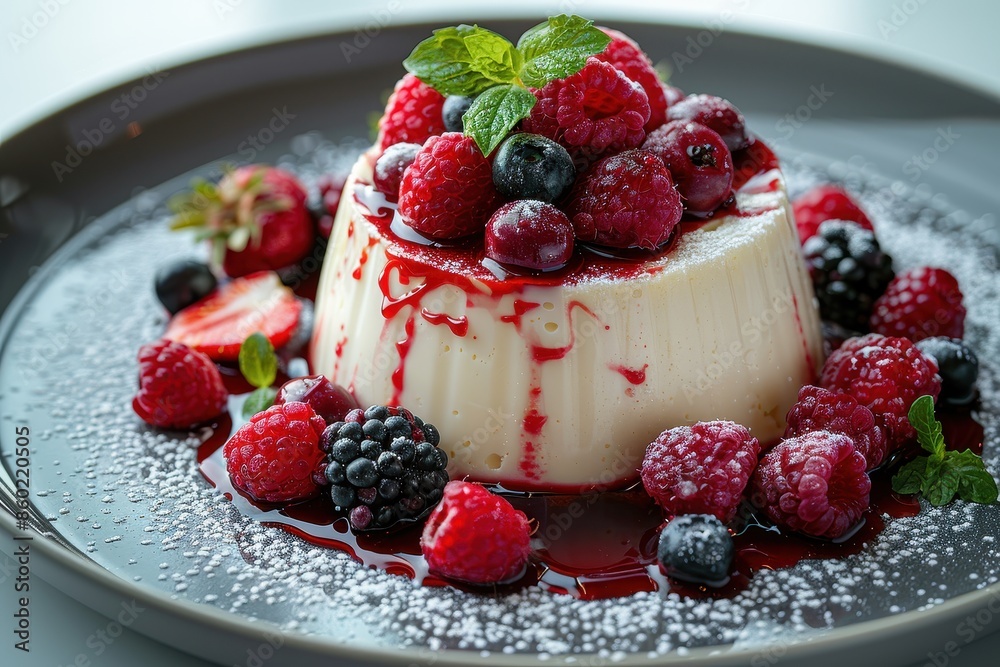 A beautifully plated dessert of panna cotta, garnished with fresh berries and a mint sprig. A beautifully plated dessert of panna cotta, garnished with fresh berries and a mint sprig.