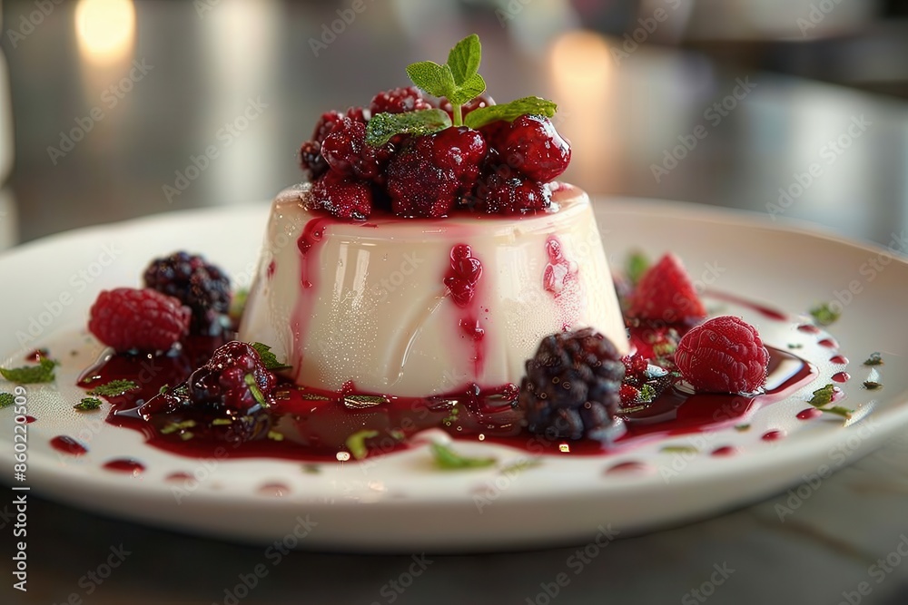 A beautifully plated dessert of panna cotta, garnished with fresh berries and a mint sprig. A beautifully plated dessert of panna cotta, garnished with fresh berries and a mint sprig.