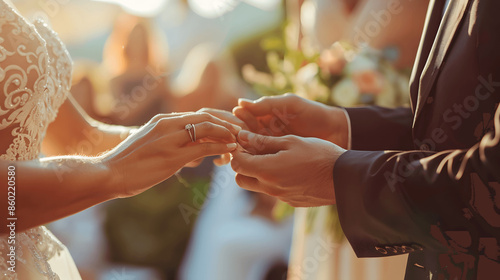 Couple exchanging rings during wedding ceremony