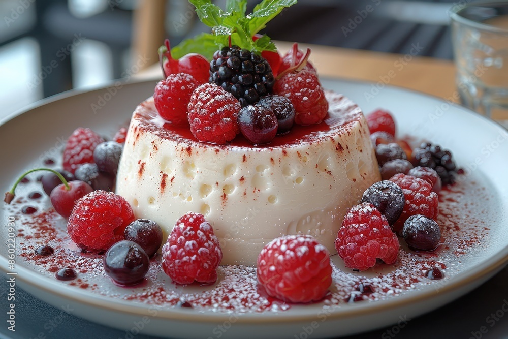 A beautifully plated dessert of panna cotta, garnished with fresh berries and a mint sprig. A beautifully plated dessert of panna cotta, garnished with fresh berries and a mint sprig.