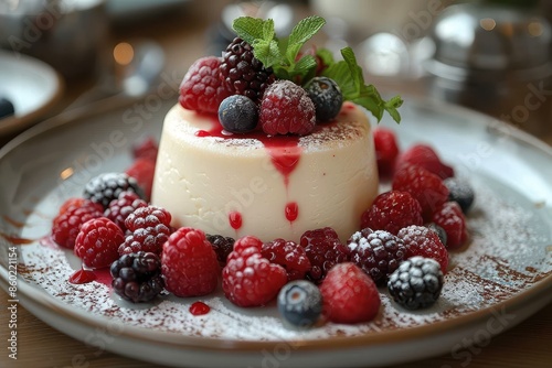 A beautifully plated dessert of panna cotta, garnished with fresh berries and a mint sprig. 