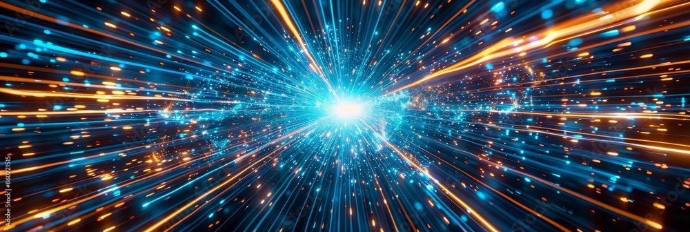 Vibrant blue and orange light rays emanate from a focal point, imparting a dynamic and energized appearance