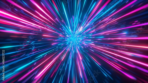 Abstract Neon Light Streaks Exploding Outward on a Dark Background