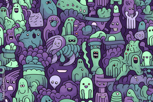 seamless doodles pattern with purple and sage green colors