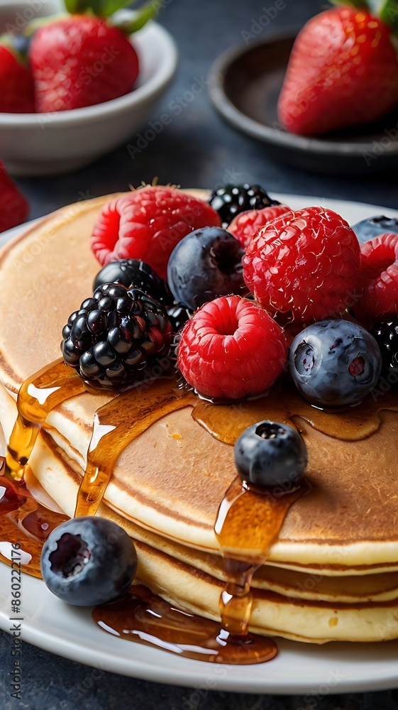 Delicious pancakes with berries in plate, Pancake is very tasty instant dish with raspberry, strawberry, blueberry and blackberry. Delicious pancakes with berries in plate, Pancake is very tasty instant dish with raspberry, strawberry, blueberry and blackberry.