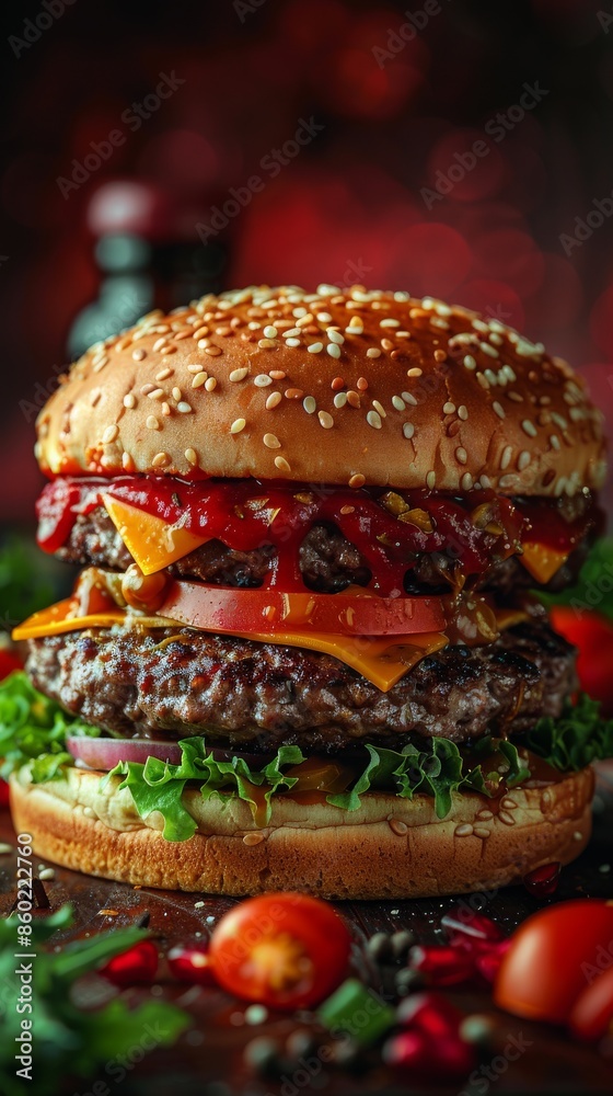 Close Up Of A Double Cheeseburger With Tomato And Ketchup On A Wooden Surface Close Up Of A Double Cheeseburger With Tomato And Ketchup On A Wooden Surface