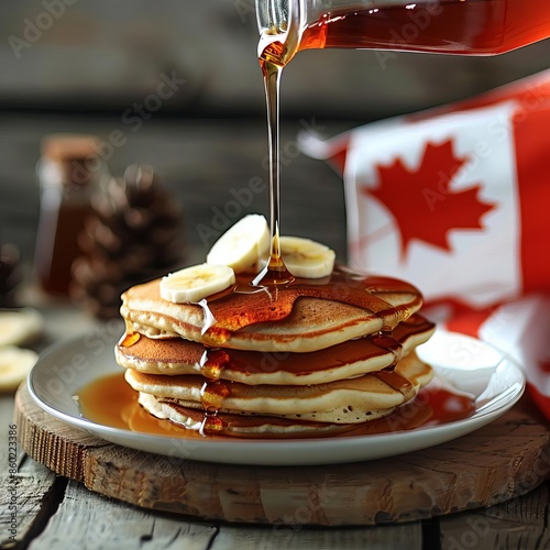 Canada Day Pancakes with Maple Syrup Pancakes with maple syrup on a rustic wooden table. photo