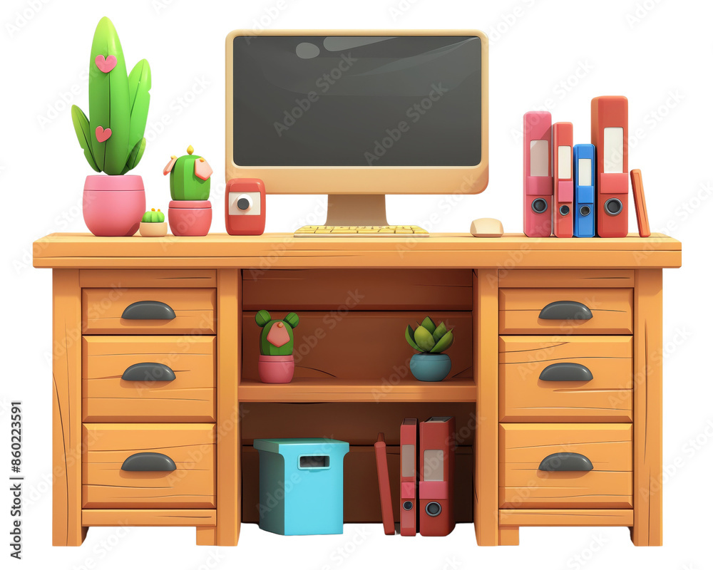 Cozy office desk with computer, potted plants, files, and organizers creating an inviting workspace for productivity and creativity.
