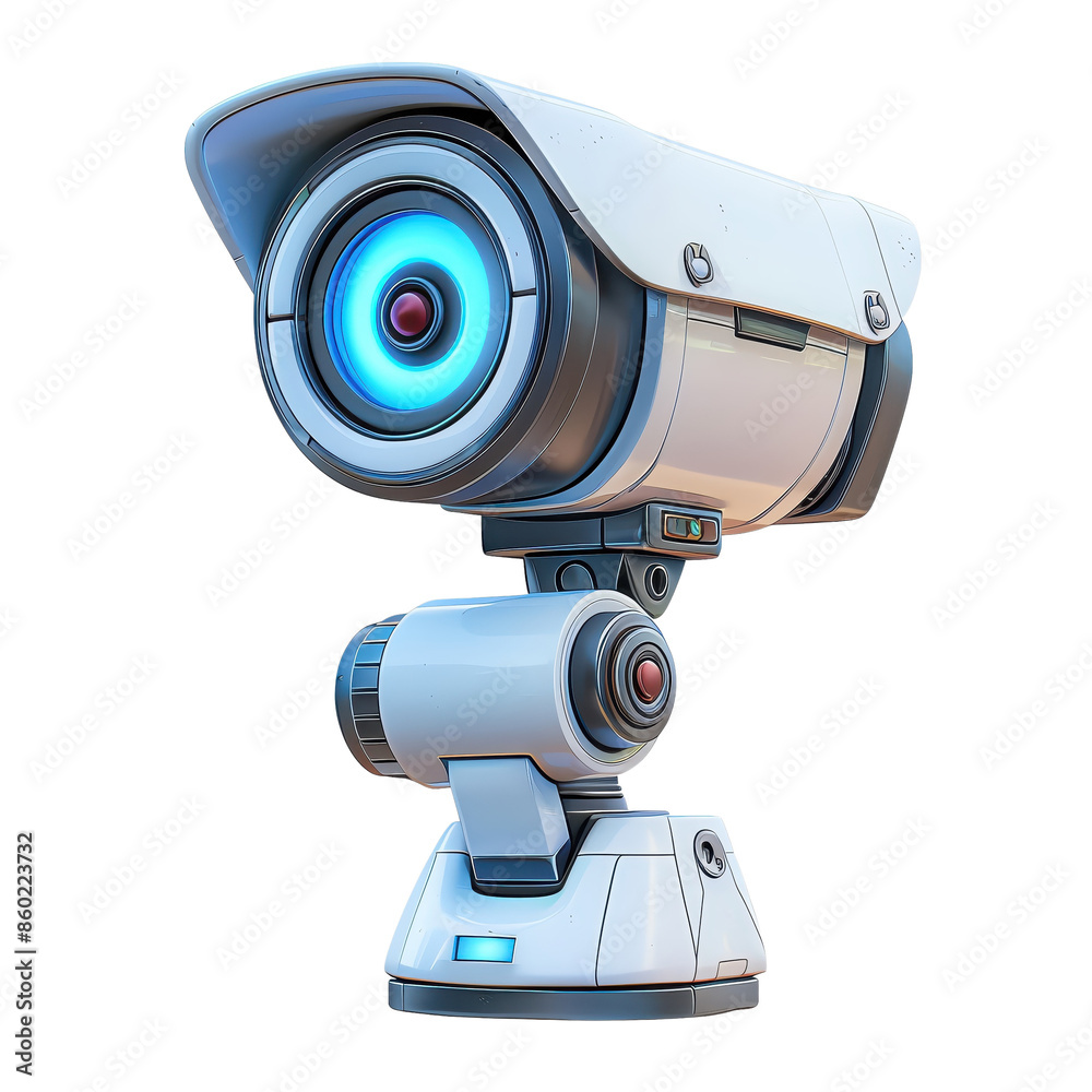 Futuristic high-tech security camera with blue lens and advanced features for surveillance and safety in modern smart homes and offices. Futuristic high-tech security camera with blue lens and advanced features for surveillance and safety in modern smart homes and offices.