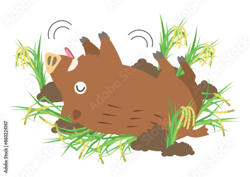 イノシシが田んぼで泥遊びをして稲を荒らすイラスト
