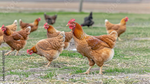 Serene Farm Life, Chickens Meandering in a Blurred Natural Setting