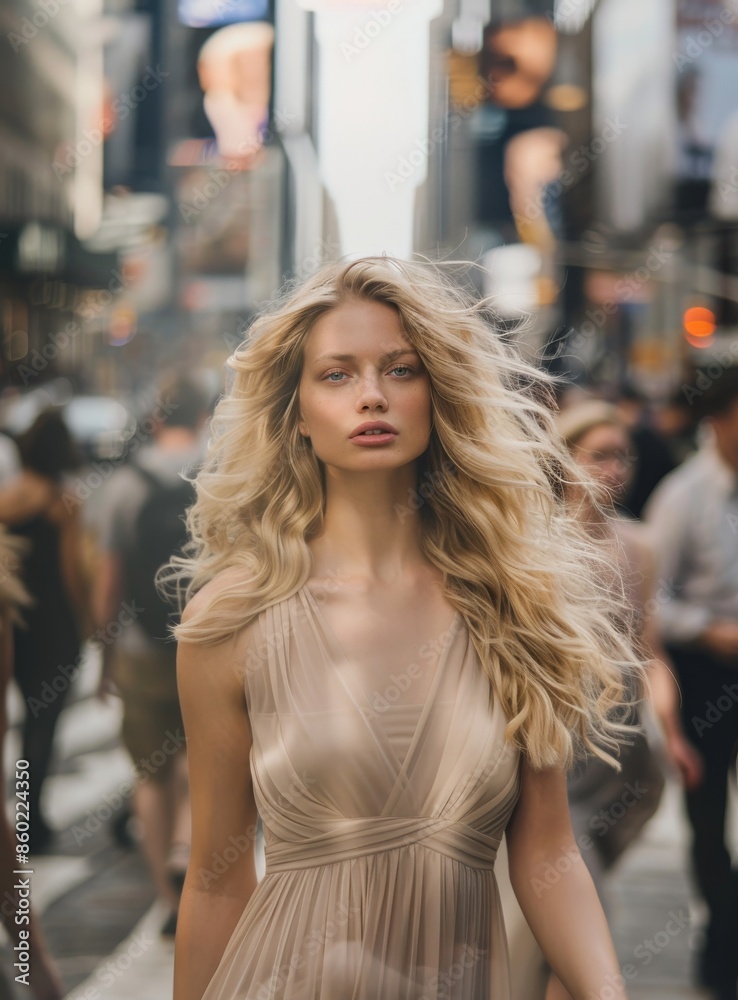 Beautiful blonde woman walking in busy urban street with soft blurred background Beautiful blonde woman walking in busy urban street with soft blurred background