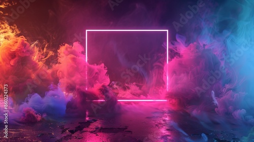 Neon Light Frame With Colorful Smoke