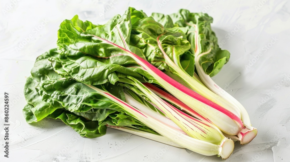 A bunch of Swiss chard, its striking red and white stalks contrasting with its lush green leaves, A bunch of Swiss chard, its striking red and white stalks contrasting with its lush green leaves,