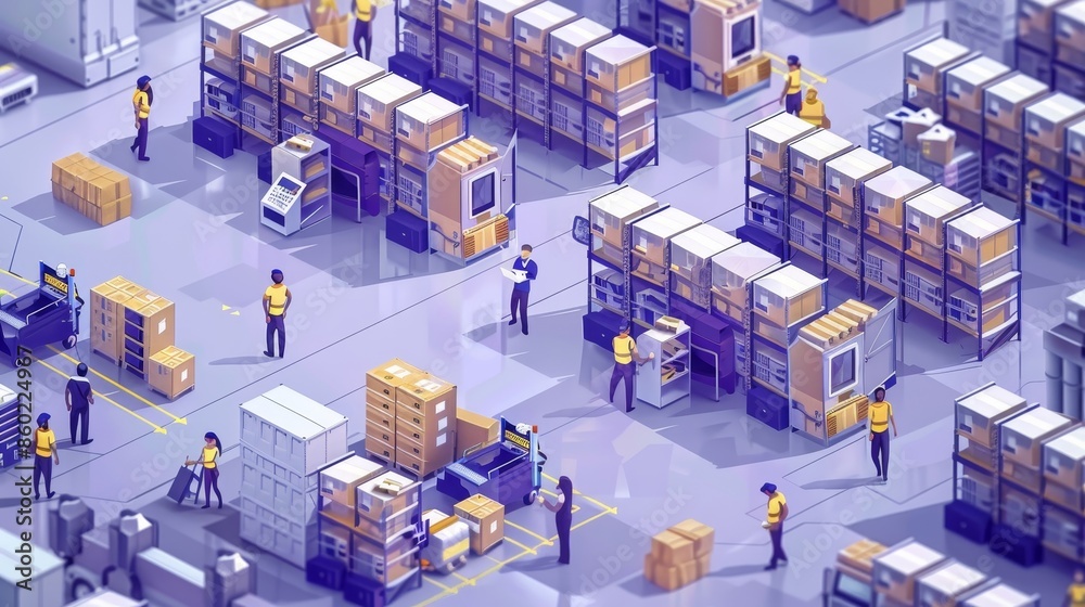 A computer generated image of a warehouse with people working A computer generated image of a warehouse with people working