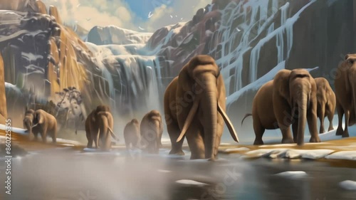 Ancient extinct animals walk around during Ice Age. Family of woolly mammoths, flock of prehistoric elephants migrating. Herd of Jurassic mammals. Beautiful snowy mountains background. Wild nature.