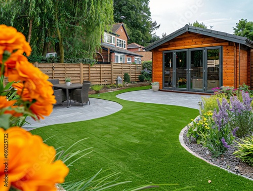 Modern Garden Oasis with Wooden Cabin