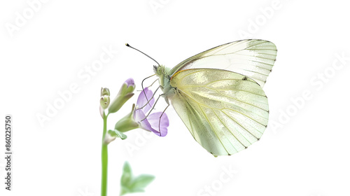 A serene cabbage white butterfly pieris rapae rests on a thinstemmed purple flower against a bright white background : Generative AI photo